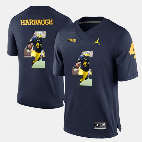 Michigan #4 For Men Jim Harbaugh Jersey Navy Blue Player Pictorial University
